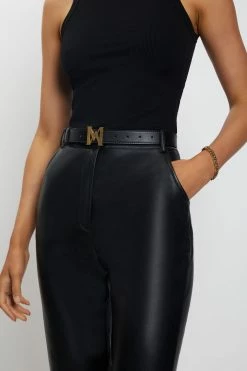 ZNY Mona Meshki Logo Vegan Leather Belt - Black