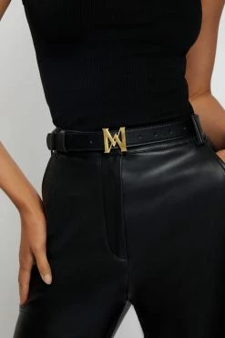 ZNY Mona Meshki Logo Vegan Leather Belt - Black