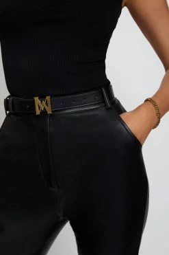 ZNY Mona Meshki Logo Vegan Leather Belt - Black
