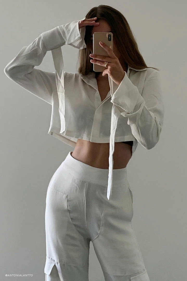 QNG Issy Cropped Shirt - Ivory All Tops 1 QNG Issy Cropped Shirt - Ivory All Tops