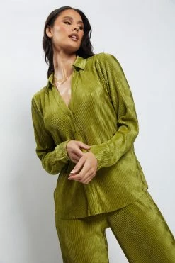WNT All Tops Yara Pleated Satin Shirt - Olive