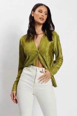 WNT All Tops Yara Pleated Satin Shirt - Olive
