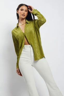 WNT All Tops Yara Pleated Satin Shirt - Olive