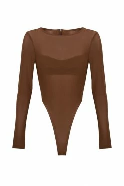 WUXI ZHONGFU CORPRATION All Tops Blaire Mesh Long Sleeve Bodysuit - Chocolate