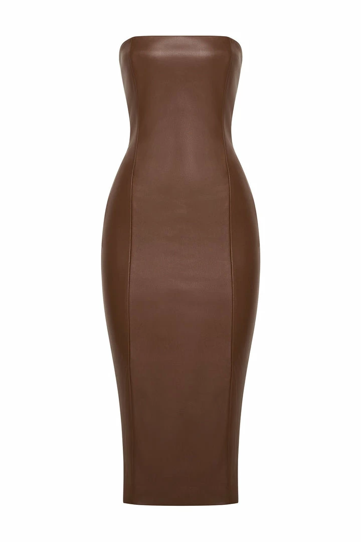 WNT Pamela Strapless Faux Leather Dress - Chocolate DRESSES 8 WNT Pamela Strapless Faux Leather Dress - Chocolate DRESSES