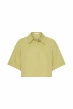 QNG Maja Button Up Cropped Linen Shirt - Apple 21 QNG Maja Button Up Cropped Linen Shirt - Apple