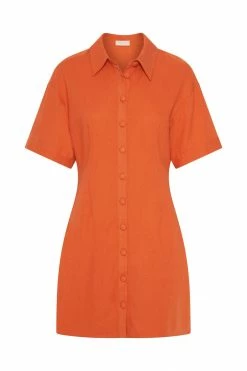QNG Palma Cinched Waist Linen Mini Dress - Terracotta