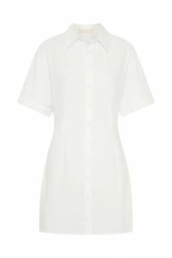 QNG Palma Cinched Waist Linen Mini Dress - White DRESSES