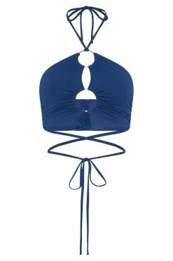 AMC All Tops Sabrina Ruched Halter Crop Top - Navy