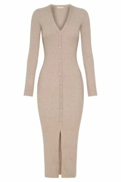 SOP Brynn Long Sleeve Button Down Midi Dress - Taupe