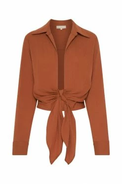 WNT All Tops Rona Front Tie Long Sleeve Crop Top - Burnt Orange