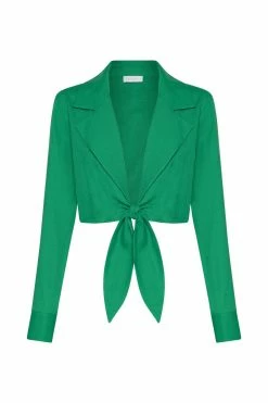 WNT All Tops Priscilla Tie Front Linen Crop Top - Green 27 WNT All Tops Priscilla Tie Front Linen Crop Top - Green