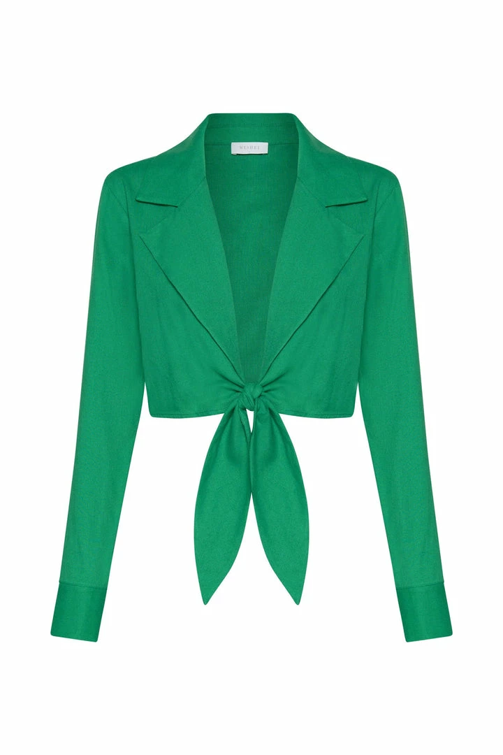 WNT All Tops Priscilla Tie Front Linen Crop Top - Green 14 WNT All Tops Priscilla Tie Front Linen Crop Top - Green