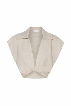 WNT Tegan Twist Front Grow On Sleeve Linen Crop Top - Natural 19 WNT Tegan Twist Front Grow On Sleeve Linen Crop Top - Natural