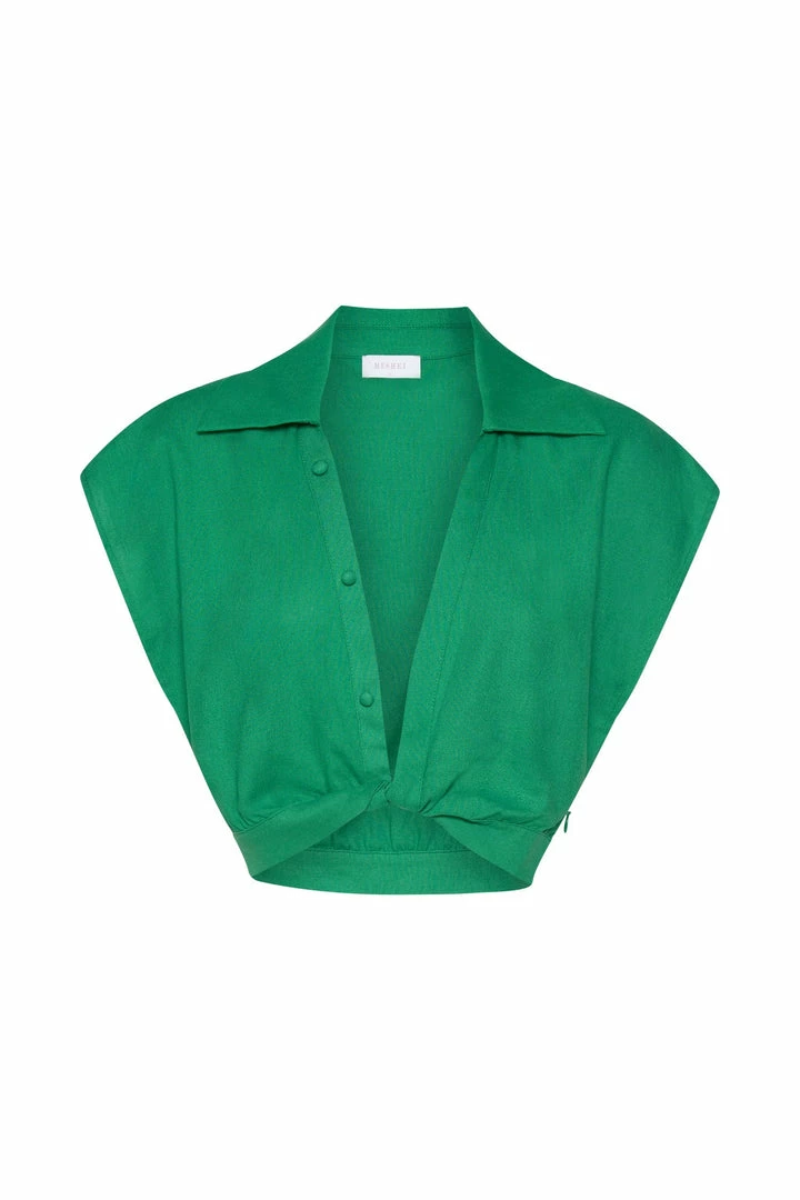 WNT All Tops Tegan Twist Front Grow On Sleeve Linen Crop Top - Green 9 WNT All Tops Tegan Twist Front Grow On Sleeve Linen Crop Top - Green