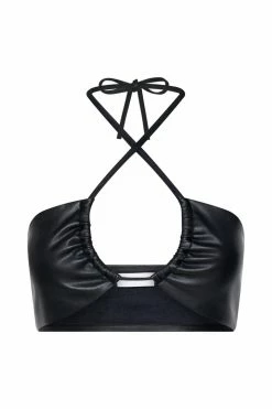 WNG Ruby Faux Leather Ruched Crop Top - Black Two Piece Sets