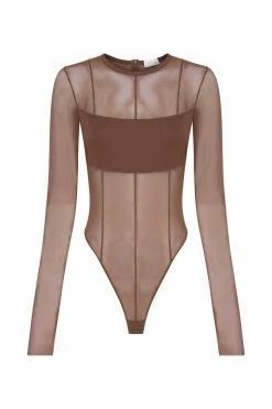 GZH All Tops Tarna Long Sleeve Mesh Bodysuit - Chocolate