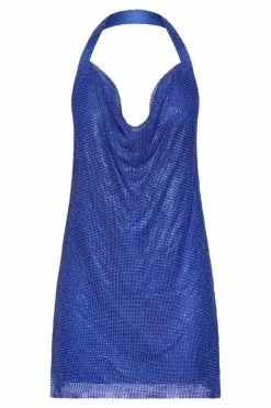 QNG Meilani Low Back Diamante Mesh Mini Dress - Cobalt Blue
