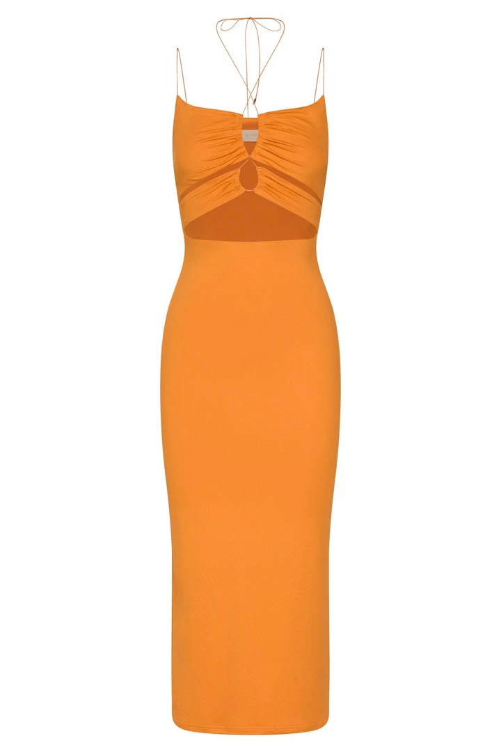 WXI DRESSES Indiana Ruched Cut Out Midi Dress - Mandarin 8 WXI DRESSES Indiana Ruched Cut Out Midi Dress - Mandarin