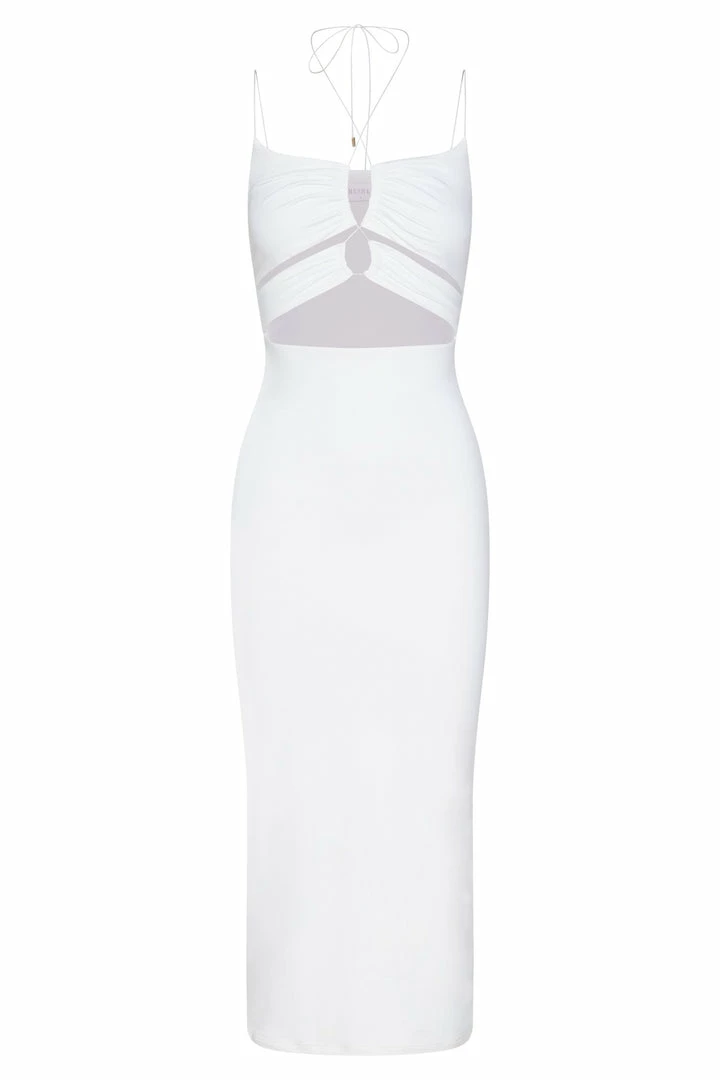 WXI Indiana Ruched Cut Out Midi Dress - White DRESSES 9 WXI Indiana Ruched Cut Out Midi Dress - White DRESSES