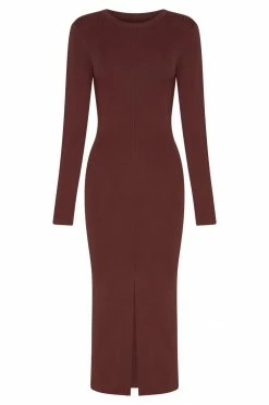 EMS Nada Pintuck Detail Knitted Midi Dress - Light Chocolate