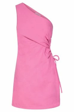 QNG Kira One Shoulder Linen Cut Out Mini Dress - Candy Pink