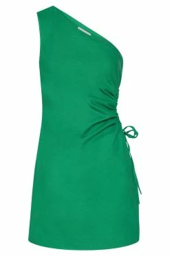 QNG DRESSES Kira One Shoulder Linen Cut Out Mini Dress - Green