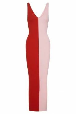 EMS Jodie Two Tone V Neck Midi Dress - Multi Red DRESSES