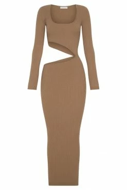 SOP DRESSES Gaia Cut Out Asymmetric Knitted Midi Dress - Taupe 15 SOP DRESSES Gaia Cut Out Asymmetric Knitted Midi Dress - Taupe