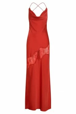 WNT DRESSES Chandra Lace Detail Satin Maxi Dress - Red