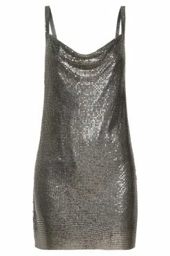 QNG Dimity A Line Glow Mesh Mini Dress - Gunmetal
