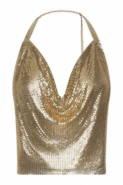 QNG Brinley Cowl Neck Glow Mesh Top - Gold 17 QNG Brinley Cowl Neck Glow Mesh Top - Gold