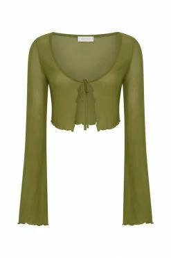 ROM Natalia Flare Sleeve Mesh Crop Top - Olive