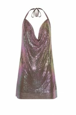 QNG DRESSES Siya Halter Glow Mesh Mini Dress - Iridescent Purple