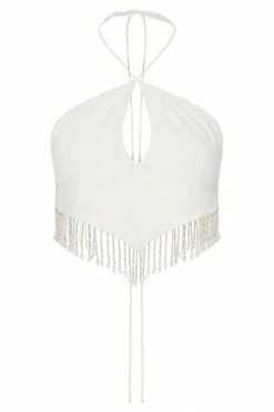 JLW Jayleen Keyhole Triangle Halter Top With Fringe - White