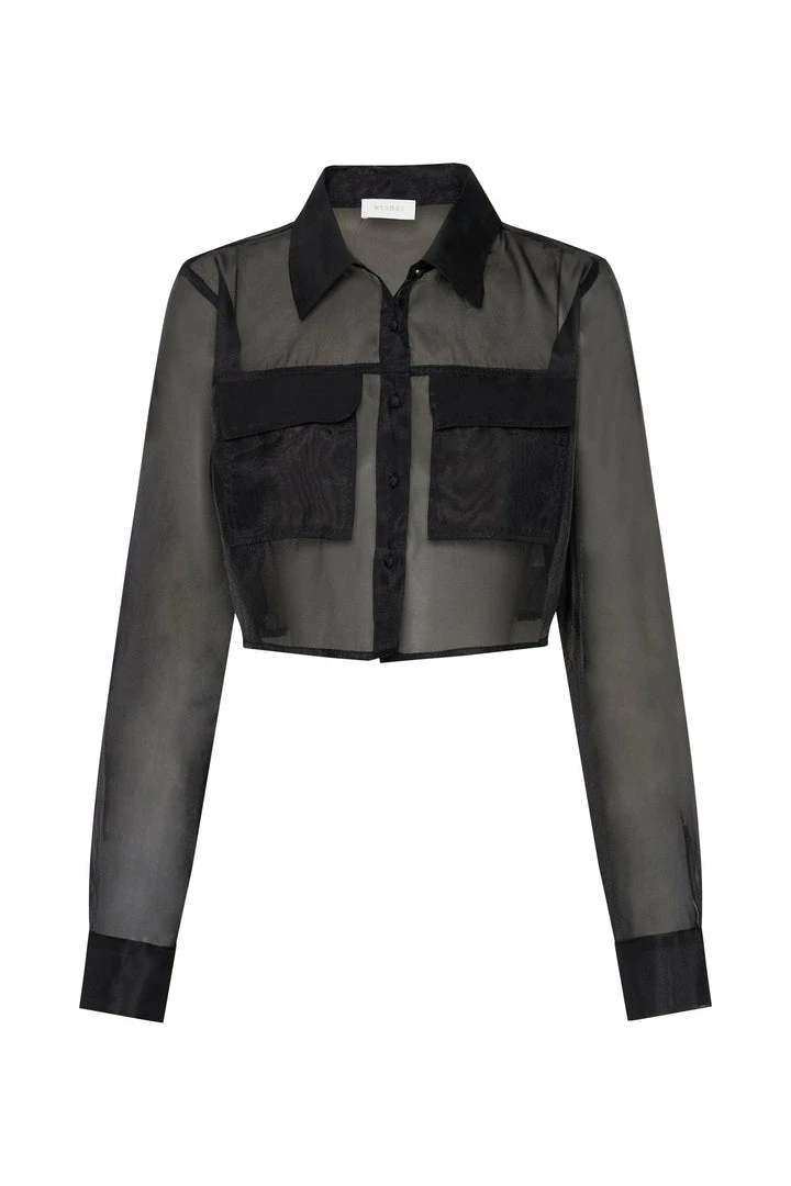 WNT Elaina Sheer Button Up Cropped Shirt - Black 9 WNT Elaina Sheer Button Up Cropped Shirt - Black