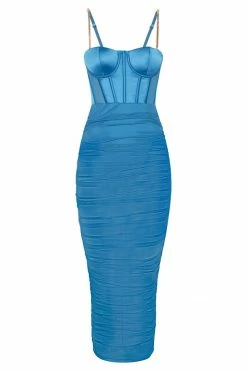 QNG DRESSES Tiarne Satin And Mesh Corset Dress - Marine Blue