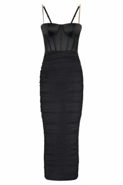 QNG Tiarne Satin And Mesh Corset Dress - Black