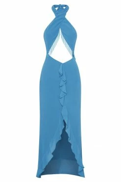 WNT Dana Chiffon Diamante Trim Halter Maxi Dress - Marine Blue DRESSES