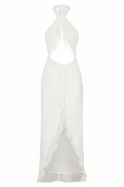 WNT Dana Chiffon Diamante Trim Halter Maxi Dress - White DRESSES