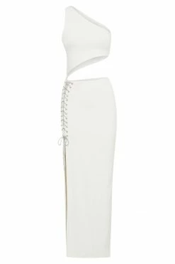 WXI Margot One Shoulder Midi Dress With Diamante Rope - White DRESSES 17 WXI Margot One Shoulder Midi Dress With Diamante Rope - White DRESSES