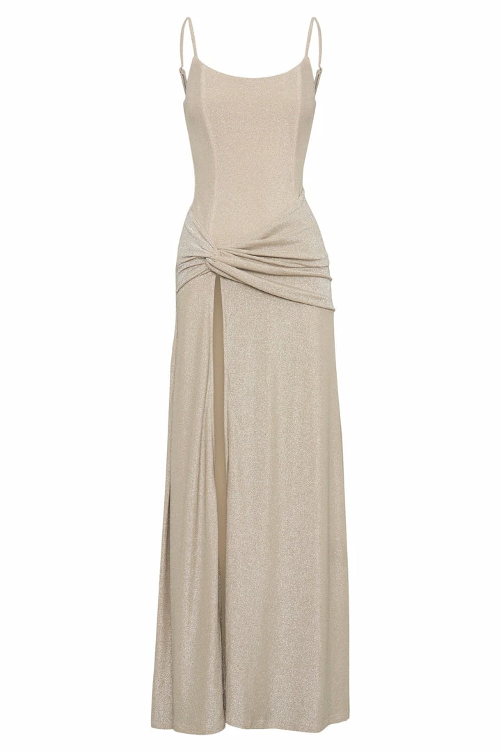 BSD Celene Shimmer Corset Maxi Dress With Twist - Champagne DRESSES 9 BSD Celene Shimmer Corset Maxi Dress With Twist - Champagne DRESSES