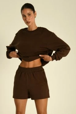 QNG Blake Longline Loopback Crew Neck Jumper - Chocolate