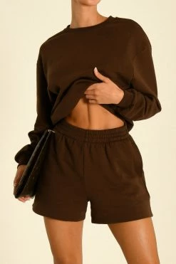 QNG Blake Longline Loopback Crew Neck Jumper - Chocolate