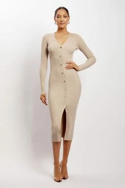 SOP Brynn Long Sleeve Button Down Midi Dress - Taupe