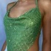 QNG All Tops Daphne Diamante Cowl Neck Halter Top - Green