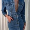 EMS Meshelle Long Sleeve Button Through Denim Mini Dress - Light Blue DRESSES