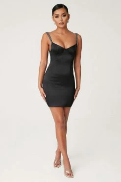 FCF Apryl Satin Diamante Strap Mini Dress - Black DRESSES