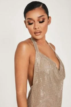 QNG Meilani Low Back Diamante Mesh Mini Dress - Gold DRESSES 19 QNG Meilani Low Back Diamante Mesh Mini Dress - Gold DRESSES