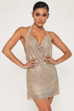 QNG Meilani Low Back Diamante Mesh Mini Dress - Gold DRESSES 18 QNG Meilani Low Back Diamante Mesh Mini Dress - Gold DRESSES